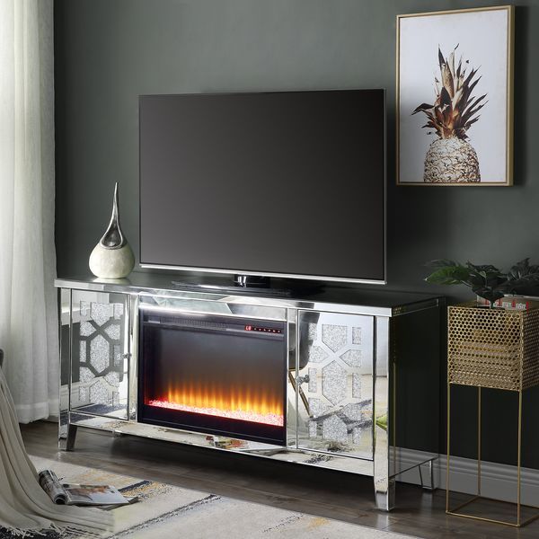 Acme Furniture Noralie Tv Stand W/Fireplace in Mirrored & Faux Diamonds LV00312