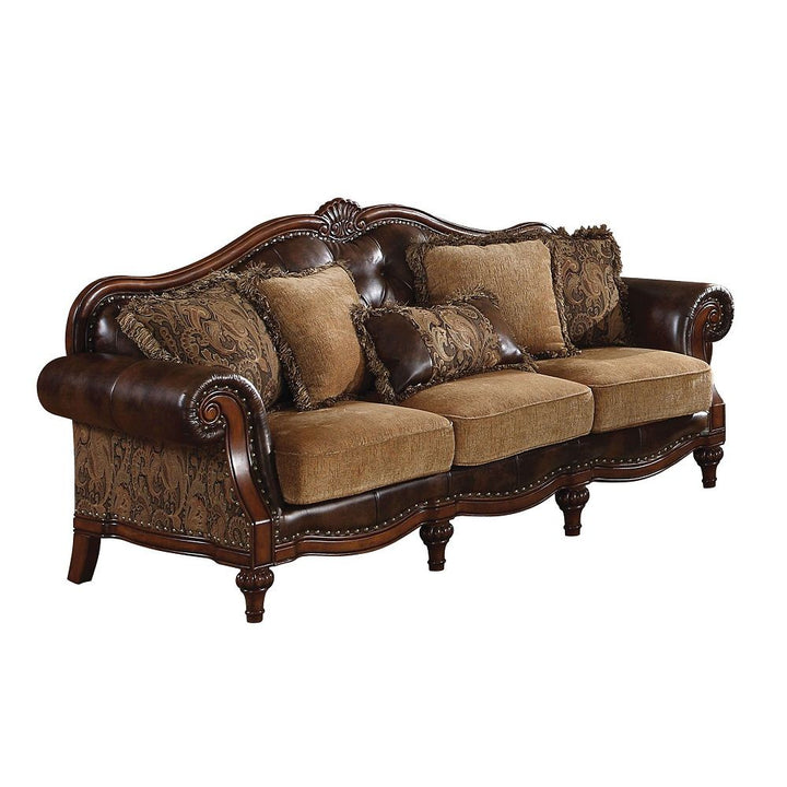 Acme Furniture Dreena Sofa W/5 Pillows in Two Tone Brown PU & Chenille Cherry Finish 05495