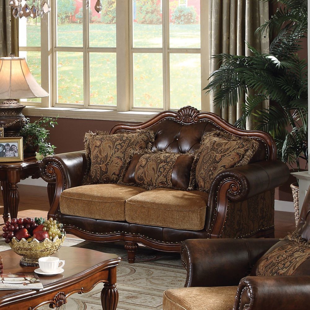 Acme Furniture Dreena Loveseat W/3 Pillows in Two Tone Brown PU & Chenille Cherry Finish 05496
