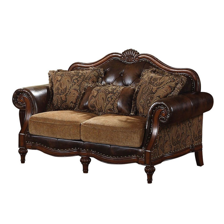 Acme Furniture Dreena Loveseat W/3 Pillows in Two Tone Brown PU & Chenille Cherry Finish 05496