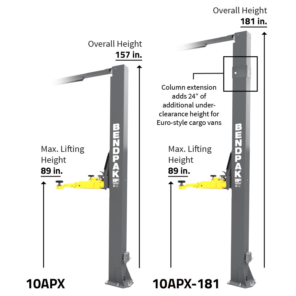 BendPak 10APX Two-Post Car Lift (5175306) 10,000‐lb. Capacity / Adaptable Clearfloor / Adjustable Width / Screw Pads / HIGH-RISE