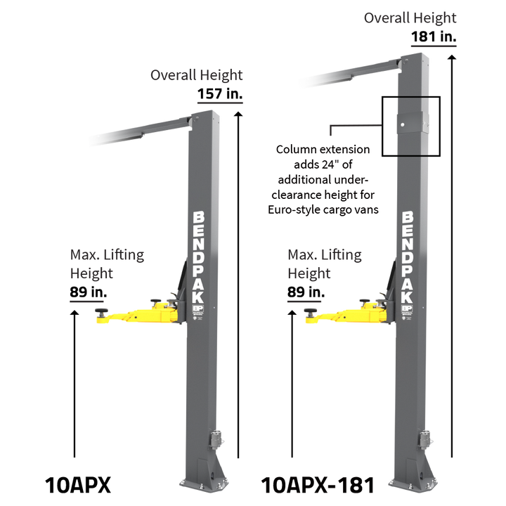 BendPak 10APX Two-Post Car Lift (5175306) 10,000‐lb. Capacity / Adaptable Clearfloor / Adjustable Width / Screw Pads / HIGH-RISE