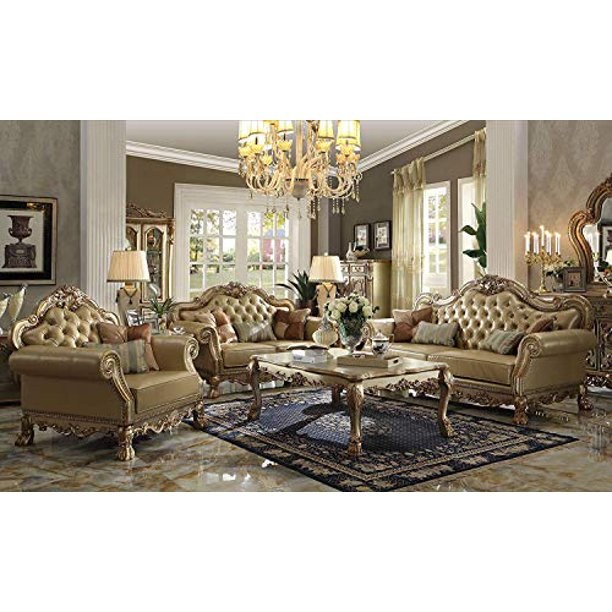 Acme Furniture Dresden Chair W/2 Pillows in Bone PU & Gold Patina Finish 53162
