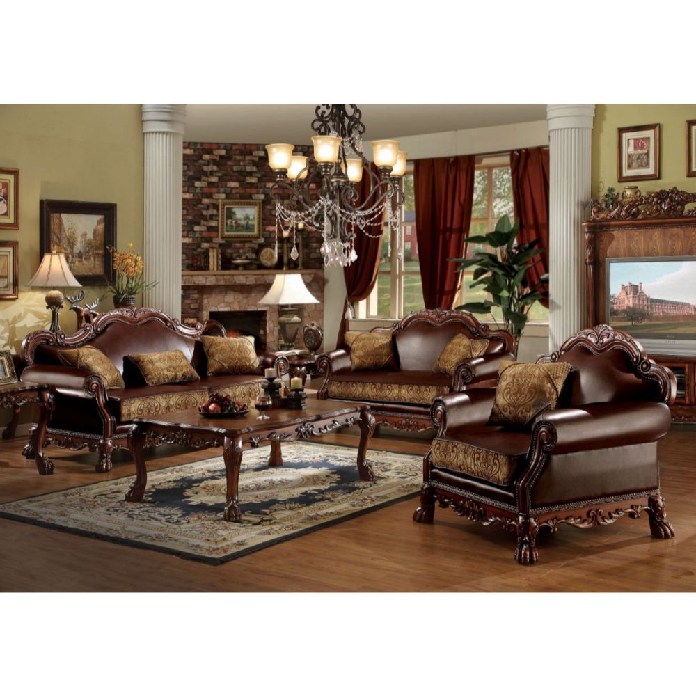 Acme Furniture Dresden Sofa W/3 Pillows in Brown PU & Chenille, Cherry Oak Finish 15160