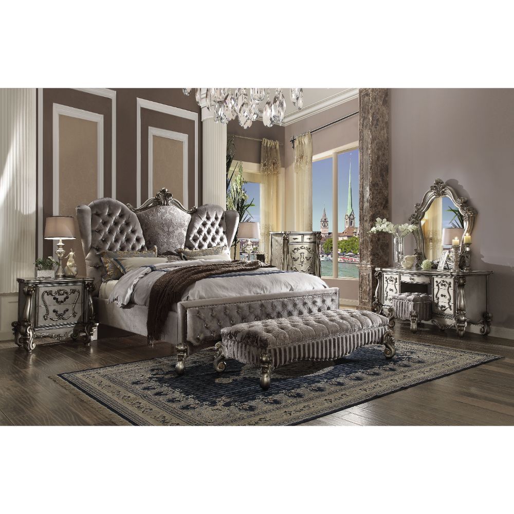 Acme Furniture Versailles Ek Bed in Velvet & Antique Platinum Finish 26817EK