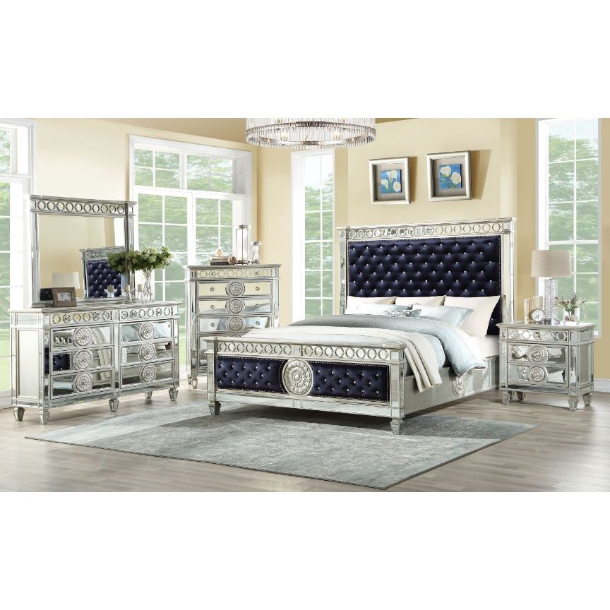 Acme Furniture Varian Ek Bed in Dark Navy Velvet & Mirrored 27347EK