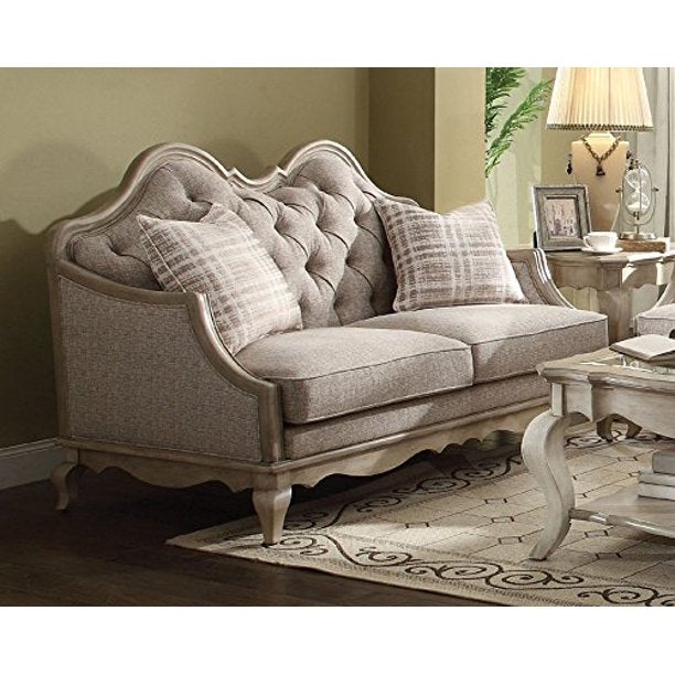Acme Furniture Chelmsford Loveseat W/2 Pillows in Beige Fabric & Antique Taupe Finish 56051