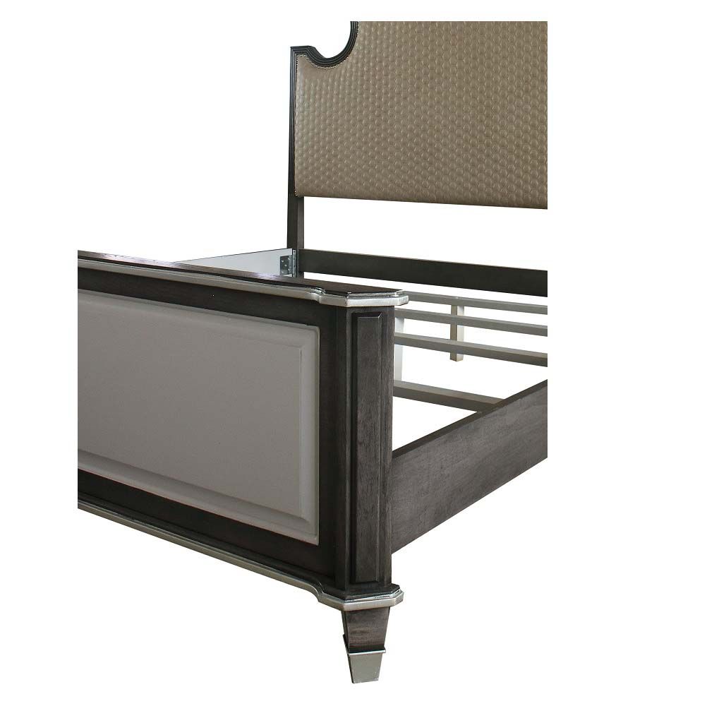 Acme Furniture House Beatrice Ck Bed in Two Tone Beige Fabric, Charcoal & Light Gray Finish 28804CK