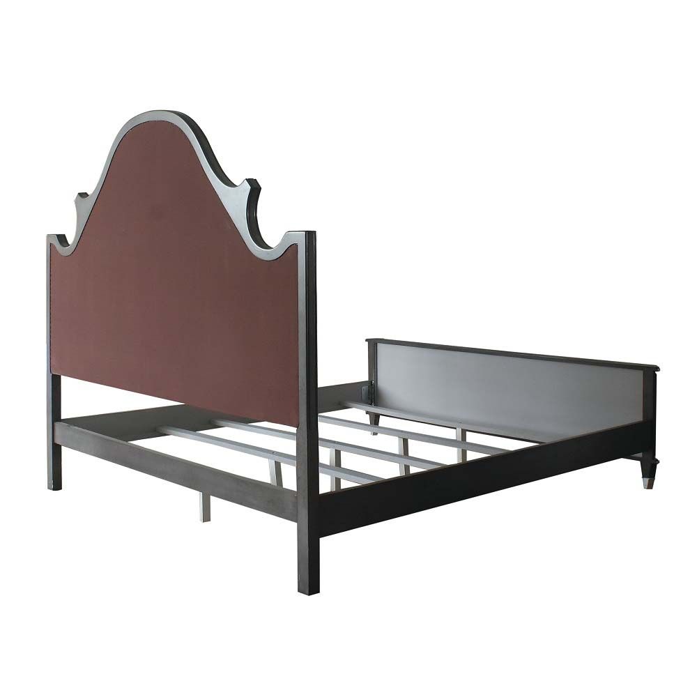 Acme Furniture House Beatrice Ck Bed in Two Tone Beige Fabric, Charcoal & Light Gray Finish 28804CK