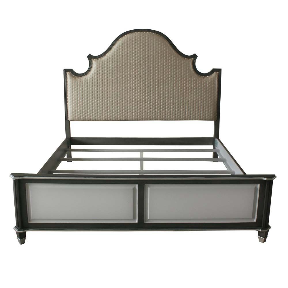 Acme Furniture House Beatrice Ck Bed in Two Tone Beige Fabric, Charcoal & Light Gray Finish 28804CK