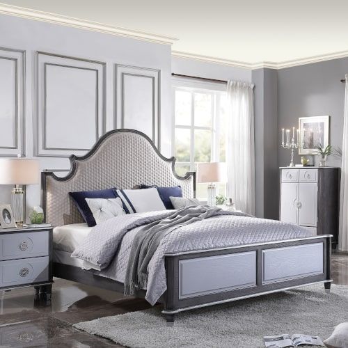 Acme Furniture House Beatrice Ck Bed in Two Tone Beige Fabric, Charcoal & Light Gray Finish 28804CK