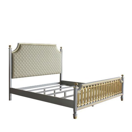 Acme Furniture House Marchese Ck Bed in Beige PU & Pearl Gray Finish 28884CK