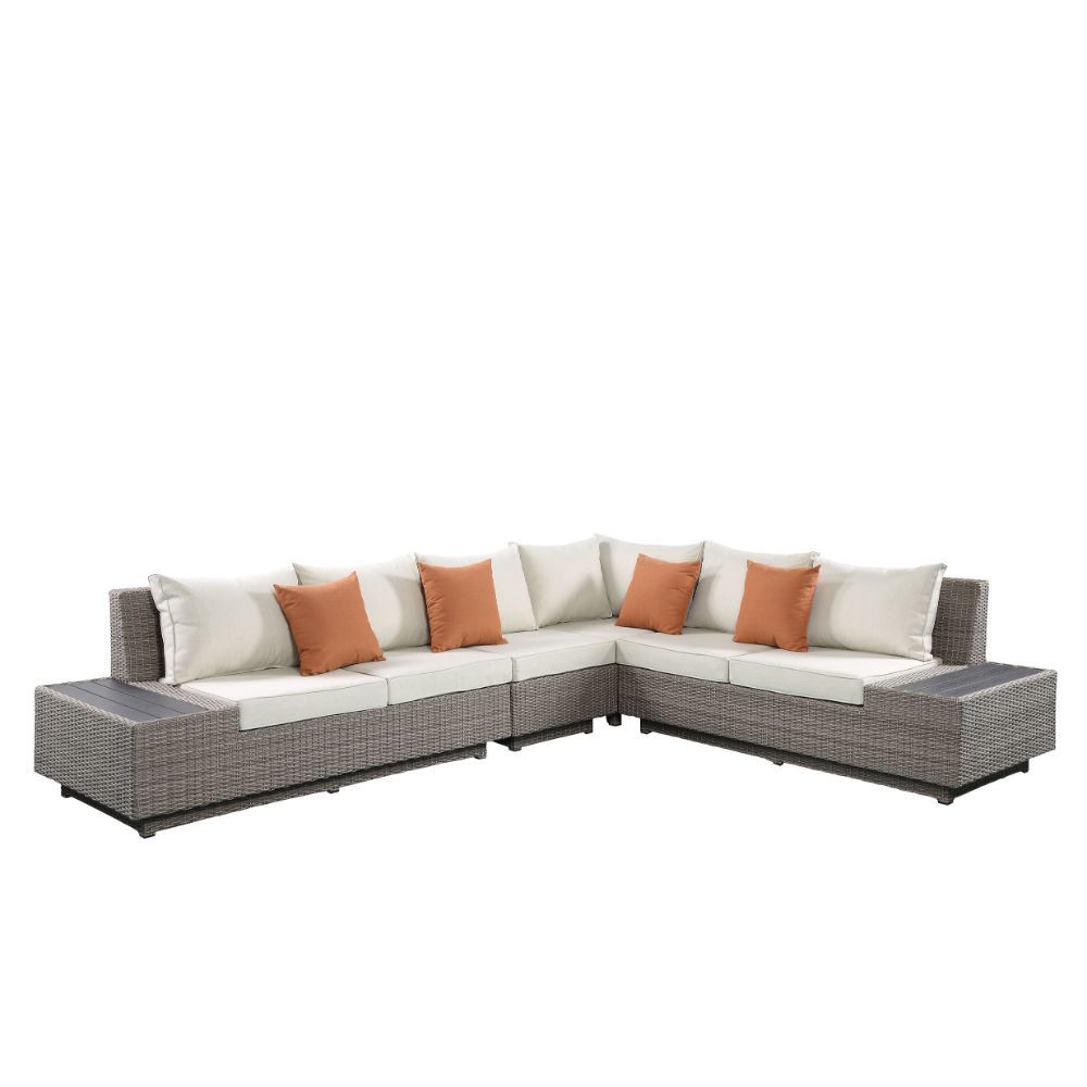 Acme Furniture Salena Patio Sectional - Lf & Rf Love W/Side Table in Beige Fabric & Gray Wicker 45020BEN