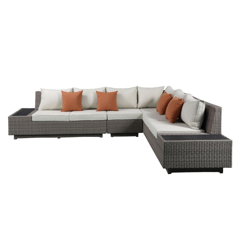 Acme Furniture Salena Patio Sectional - Lf & Rf Love W/Side Table in Beige Fabric & Gray Wicker 45020BEN