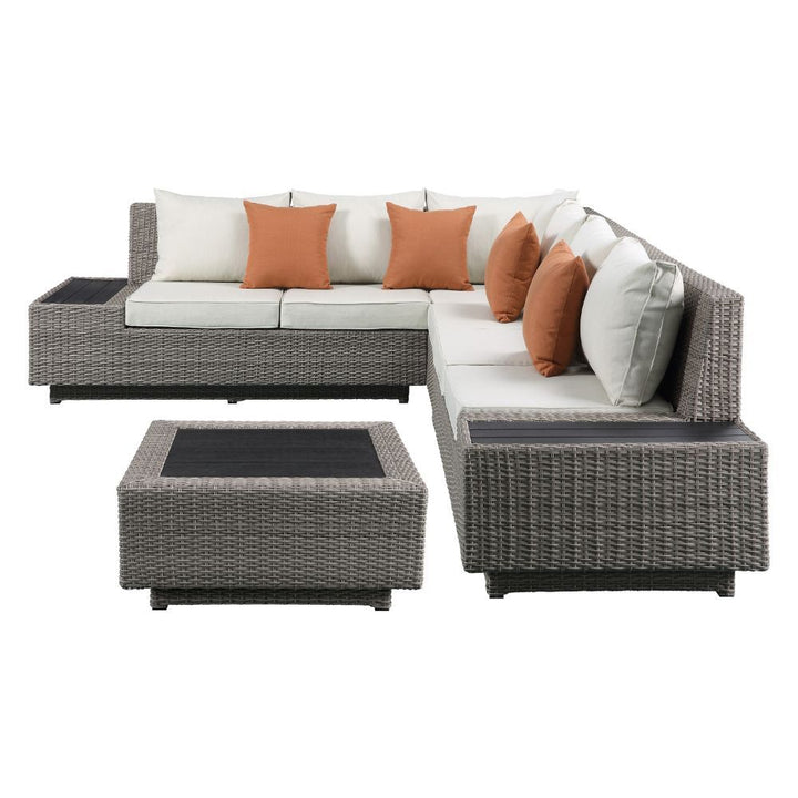 Acme Furniture Salena Patio Sectional - Lf & Rf Love W/Side Table in Beige Fabric & Gray Wicker 45020BEN