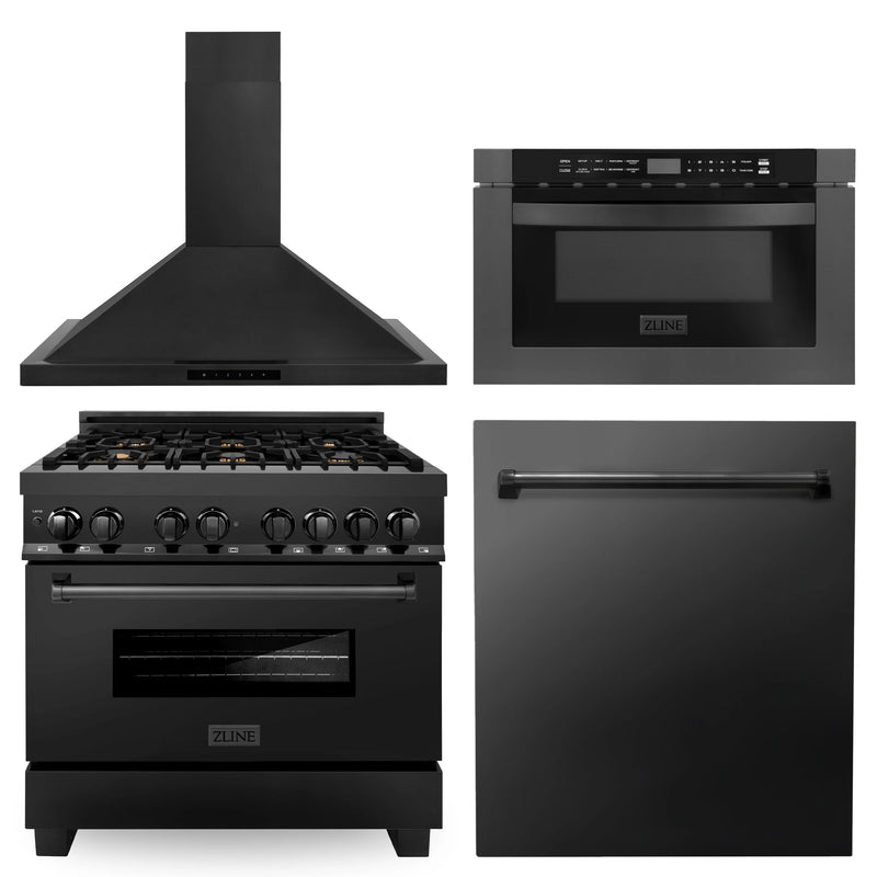 ZLINE 36" Kitchen Package with Black Stainless Steel Dual Fuel Range, Range Hood, Microwave Drawer and Dishwasher(4KP-RABRH36-MWDW)