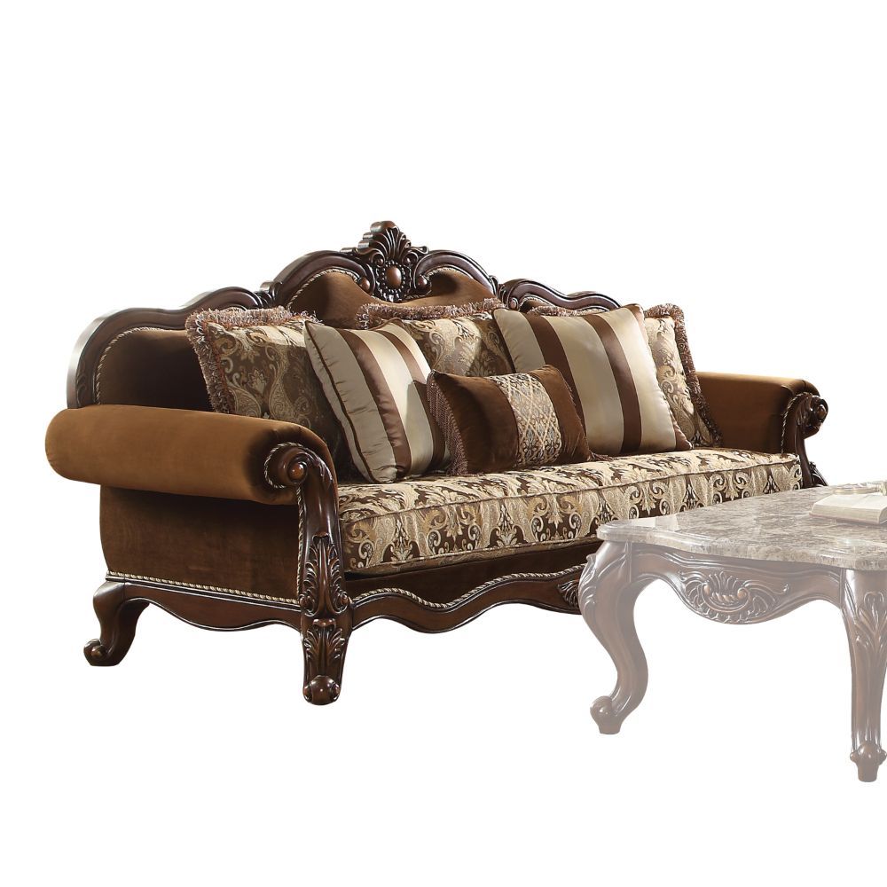 Acme Furniture Jardena Sofa W/6 Pillows(Same Lv01591) in Pattern Fabric & Cherry Oak Finish 50655