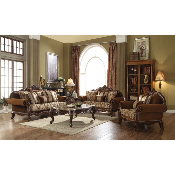 Acme Furniture Jardena Sofa W/6 Pillows(Same Lv01591) in Pattern Fabric & Cherry Oak Finish 50655