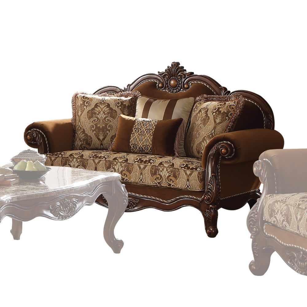 Acme Furniture Jardena Loveseat W/4 Pillows(Same Lv01592) in Pattern Fabric & Cherry Oak Finish 50656