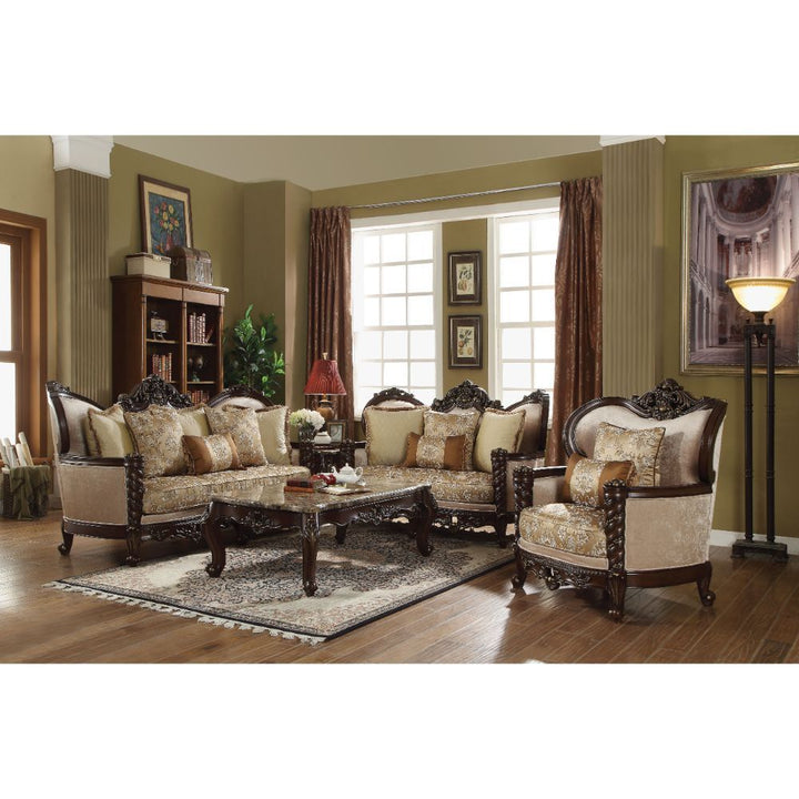 Acme Furniture Devayne Sofa W/6 Pillows(Same Lv01582) in Pattern Fabric & Dark Walnut Finish 50685
