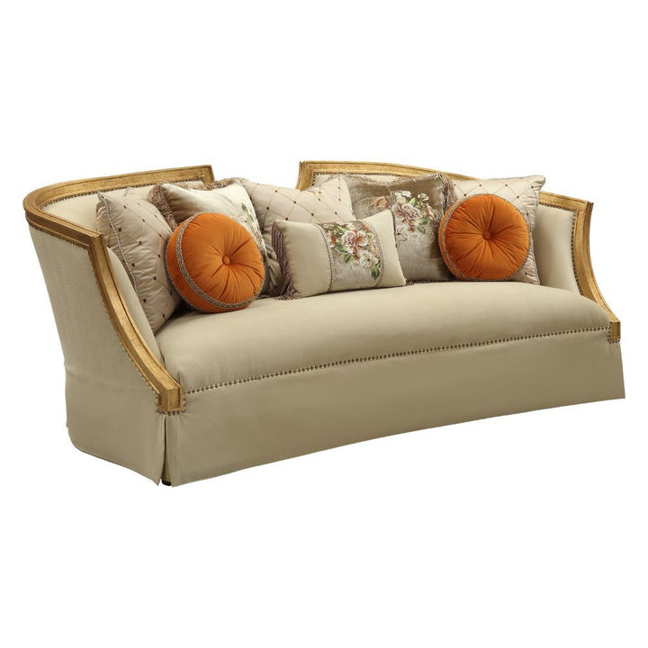 Acme Furniture Daesha Sofa W/8 Pillows in Tan Flannel & Antique Gold Finish 50835