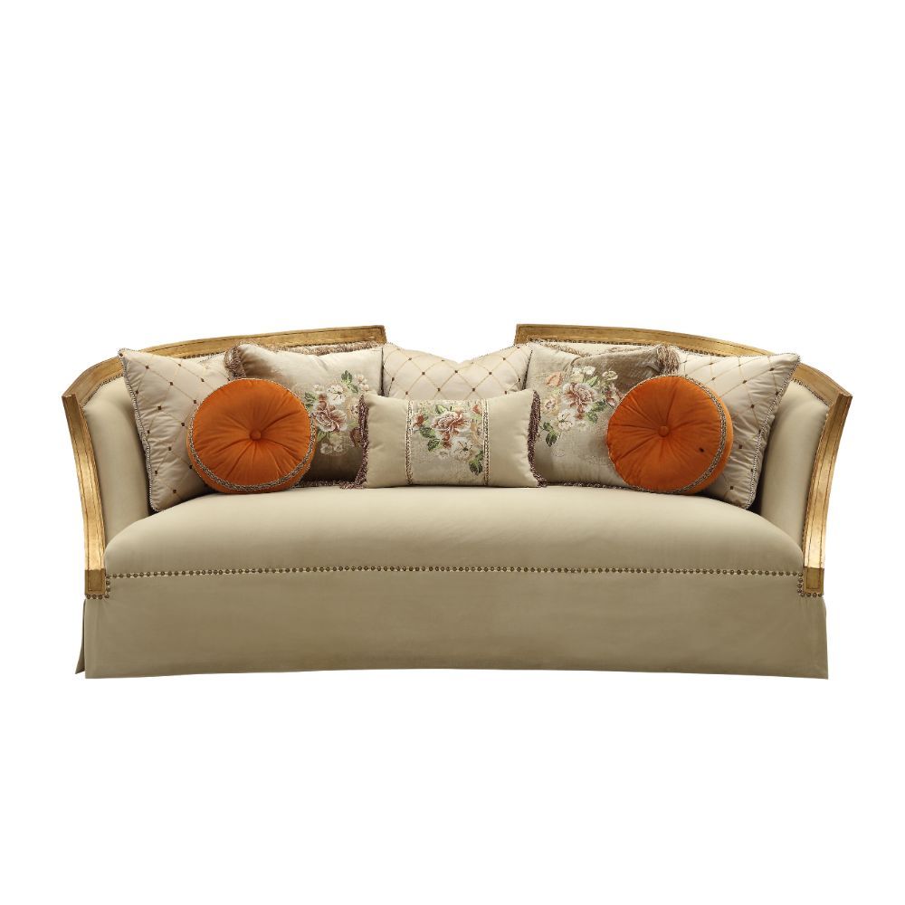 Acme Furniture Daesha Sofa W/8 Pillows in Tan Flannel & Antique Gold Finish 50835