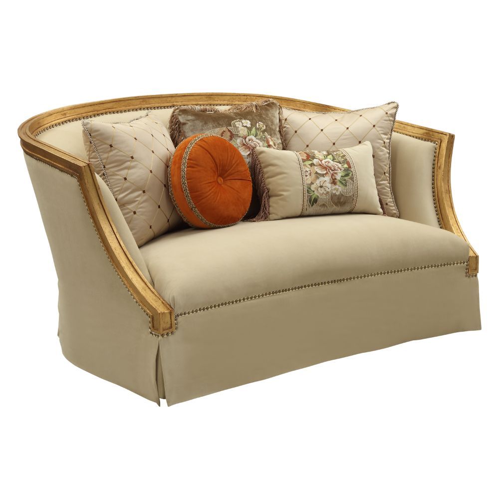 Acme Furniture Daesha Loveseat W/5 Pillows in Tan Flannel & Antique Gold Finish 50836