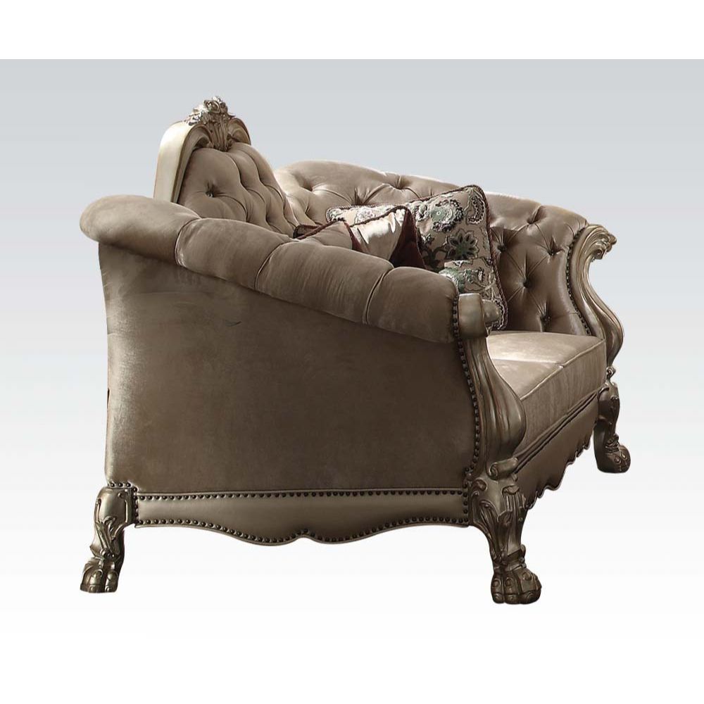 Acme Furniture Dresden Loveseat W/5 Pillows in Bone Velvet & Gold Patina Finish 52091