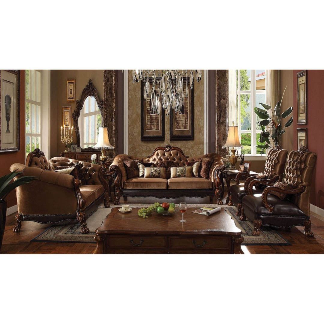 Acme Furniture Dresden Sofa W/7 Pillows in Golden Brown Velvet & Cherry Oak Finish 52095