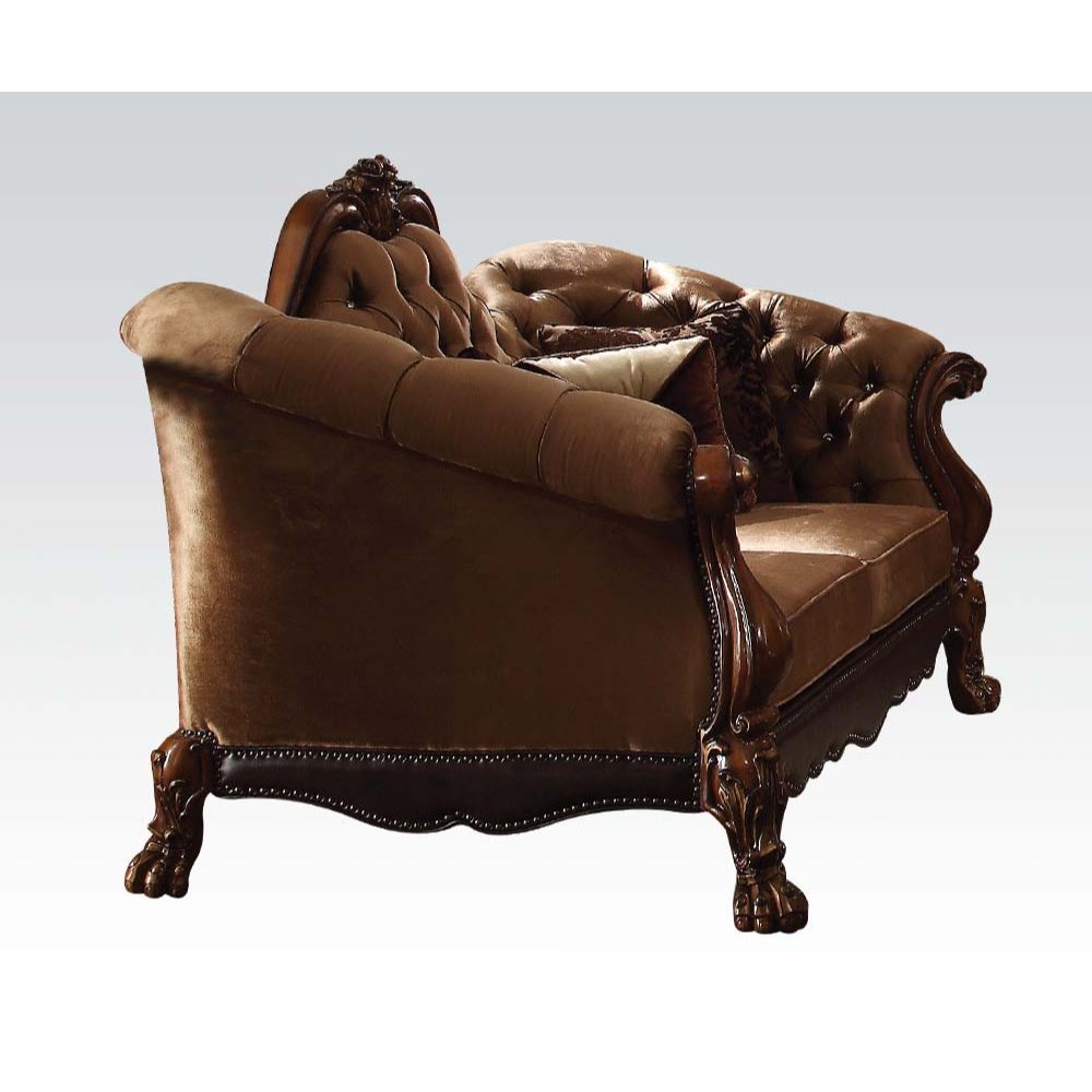 Acme Furniture Dresden Loveseat W/5 Pillows in Golden Brown Velvet & Cherry Oak Finish 52096