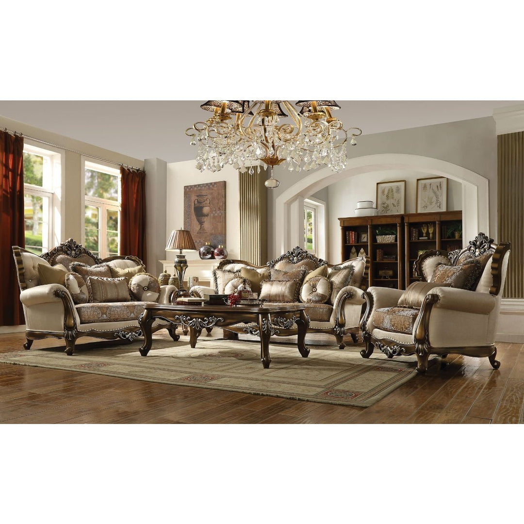 Acme Furniture Latisha Sofa W/6 Pillows in Tan, Pattern Fabric & Antique Oak Finish (Same 52115) LV01576