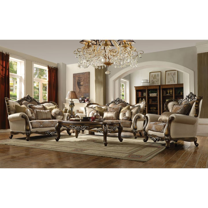 Acme Furniture Latisha Chair W/2 Pillows (Same 52117) in Tan, Pattern Fabric & Antique Oak Finish LV01578