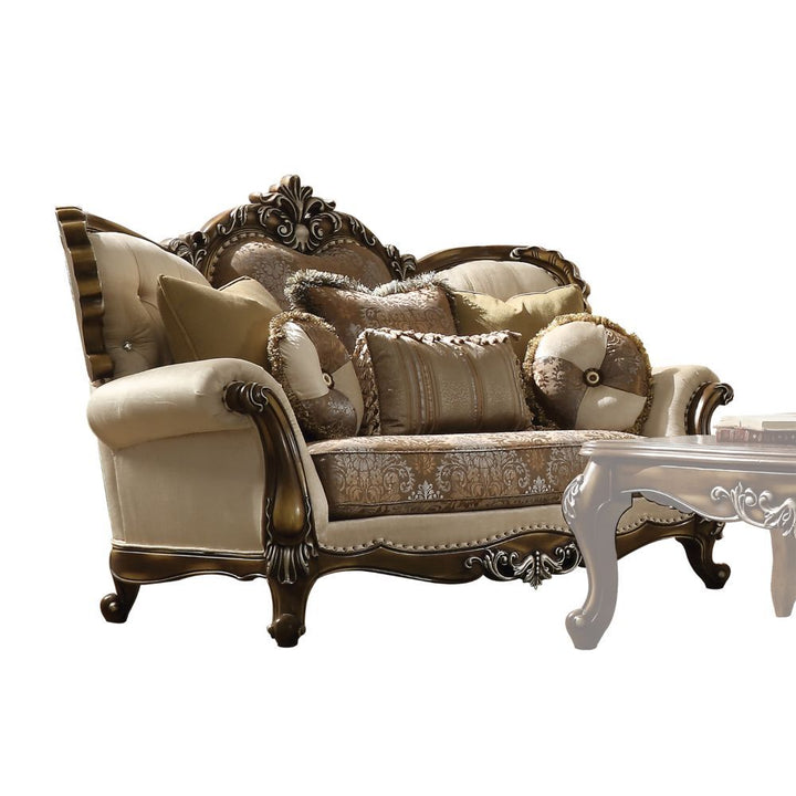 Acme Furniture Latisha Loveseat W/6 Pillows in Tan, Pattern Fabric & Antique Oak Finish (Same 52116) LV01577