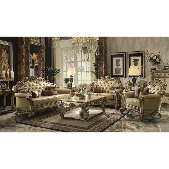 Acme Furniture Vendome Sofa W/4 Pillows in Bone PU & Gold Patina Finish 53000