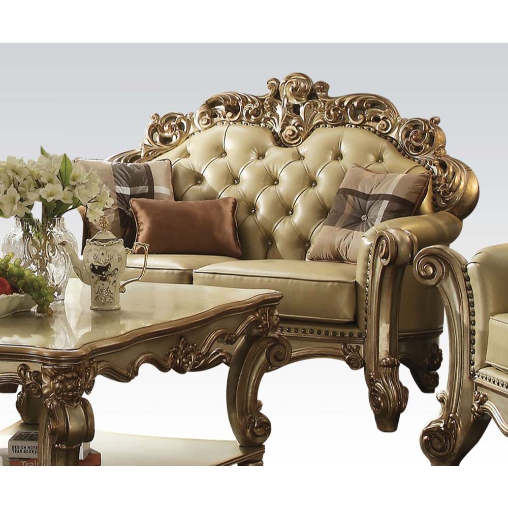 Acme Furniture Vendome Loveseat W/3 Pillows in Bone PU & Gold Patina Finish 53001