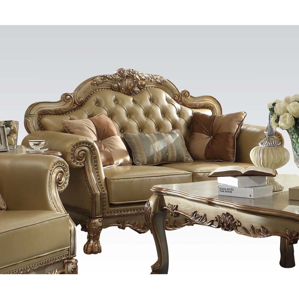 Acme Furniture Dresden Loveseat W/3 Pillows in Bone PU & Gold Patina Finish 53161