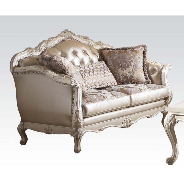 Acme Furniture Chantelle Loveseat W/3 Pillows in Rose Gold PU/Fabric & Pearl White Finish 53541