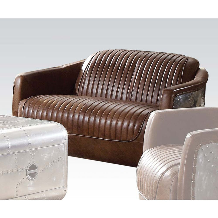 Acme Furniture Brancaster Loveseat in Retro Brown Top Grain Leather & Aluminum 53546