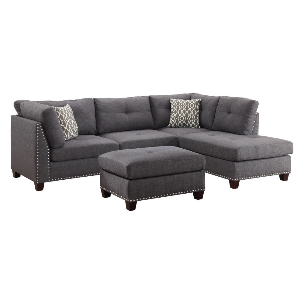 Acme Furniture Laurissa Sectional Sofa & Ottoman W/2 Pillows in Light Charcoal Linen 54385