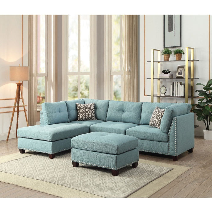 Acme Furniture Laurissa Sectional Sofa & Ottoman W/2 Pillows in Light Teal Linen 54390