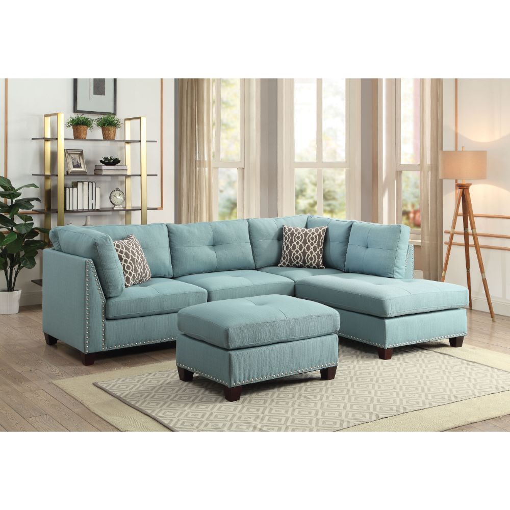Acme Furniture Laurissa Sectional Sofa & Ottoman W/2 Pillows in Light Teal Linen 54395