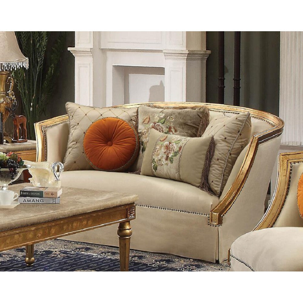 Acme Furniture Daesha Loveseat W/5 Pillows in Tan Flannel & Antique Gold Finish 50836