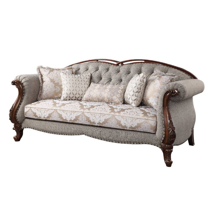 Acme Furniture Miyeon Sofa W/5 Pillows in Fabric & Cherry Finish 55365
