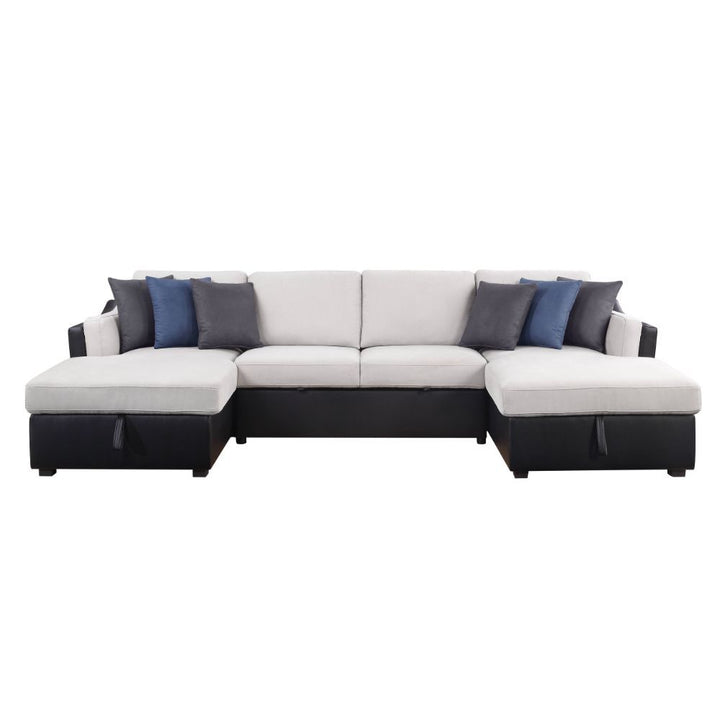 Acme Furniture Merill Sectional Sofa W/Sleeper & 6 Pillows in Beige Fabric & Black PU 56015