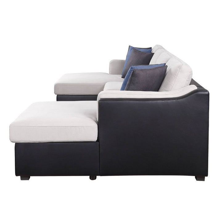 Acme Furniture Merill Sectional Sofa W/Sleeper & 6 Pillows in Beige Fabric & Black PU 56015