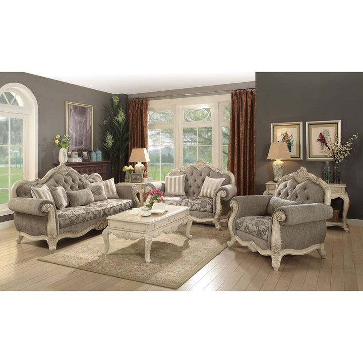 Acme Furniture Ragenardus Sofa W/5 Pillows in Gray Fabric & Antique White Finish 56020