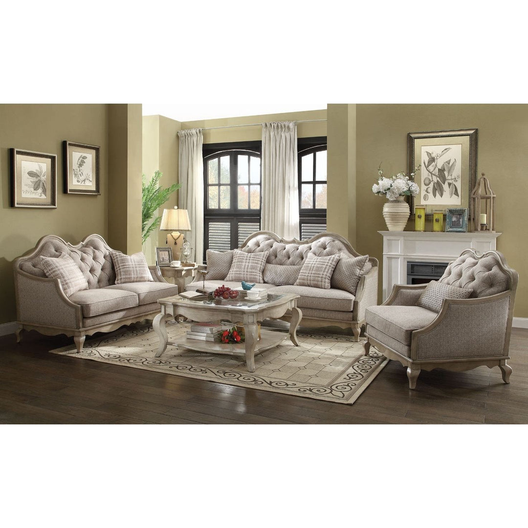 Acme Furniture Chelmsford Sofa W/5 Pillows in Beige Fabric & Antique Taupe Finish 56050