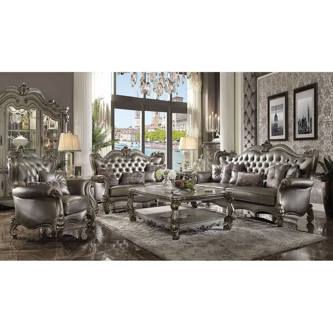 Acme Furniture Versailles Sofa W/6 Pillows in Silver PU & Antique Platinum Finish 56820