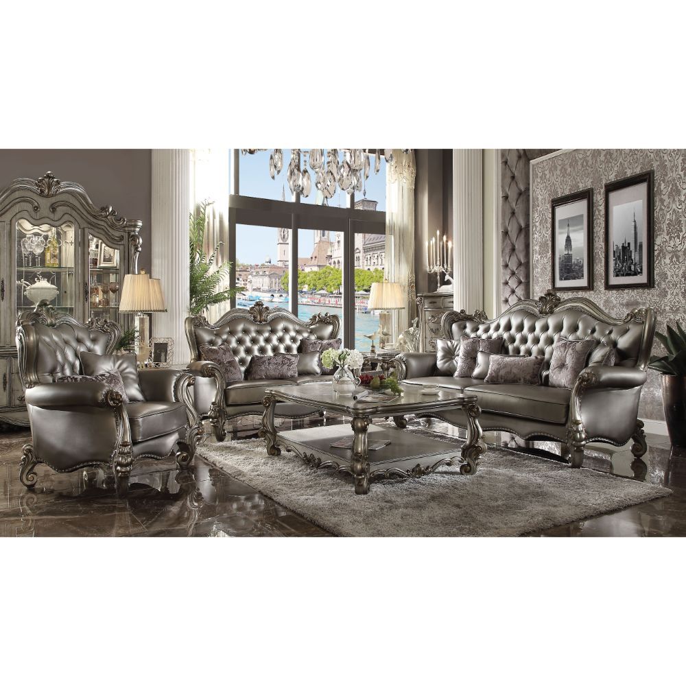 Acme Furniture Versailles Chair W/2 Pillows in Silver PU & Antique Platinum Finish 56822