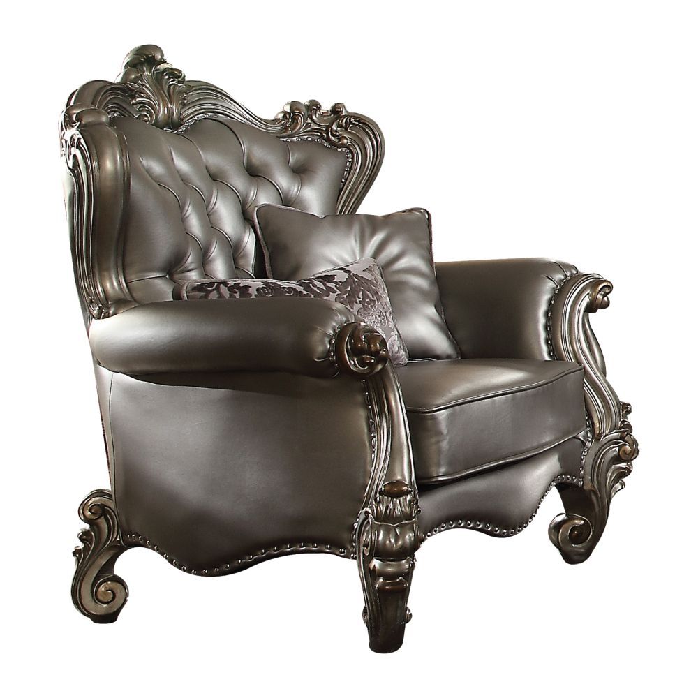 Acme Furniture Versailles Chair W/2 Pillows in Silver PU & Antique Platinum Finish 56822